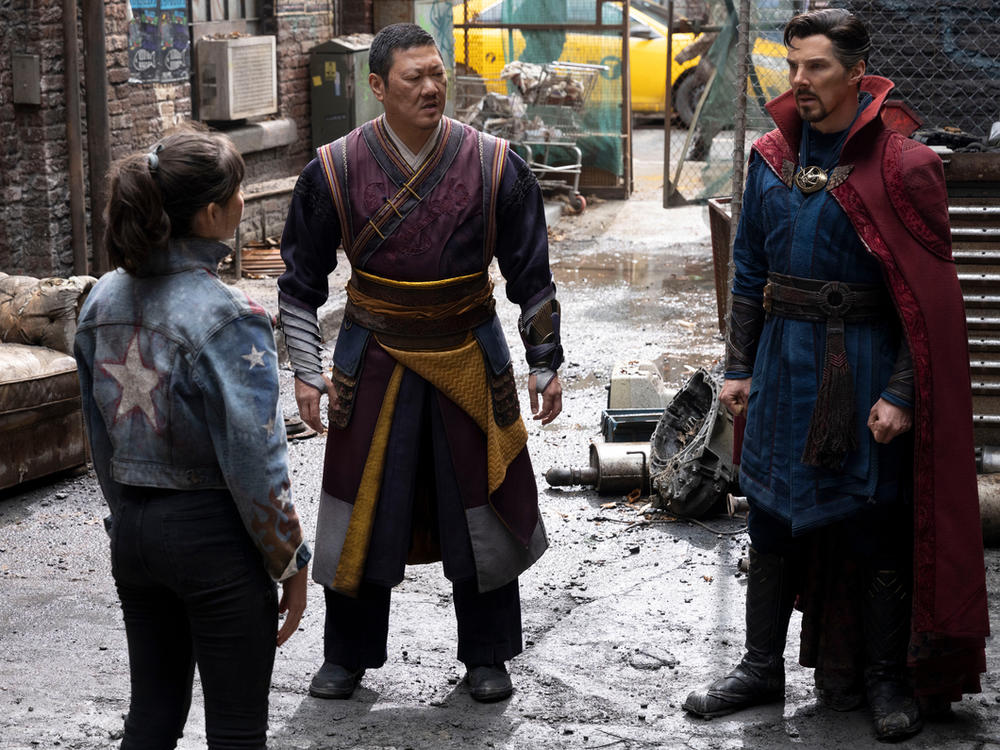 Xochitl Gomez as America Chavez, Benedict Wong as Wong, and Benedict Cumberbatch as Doctor Strange.