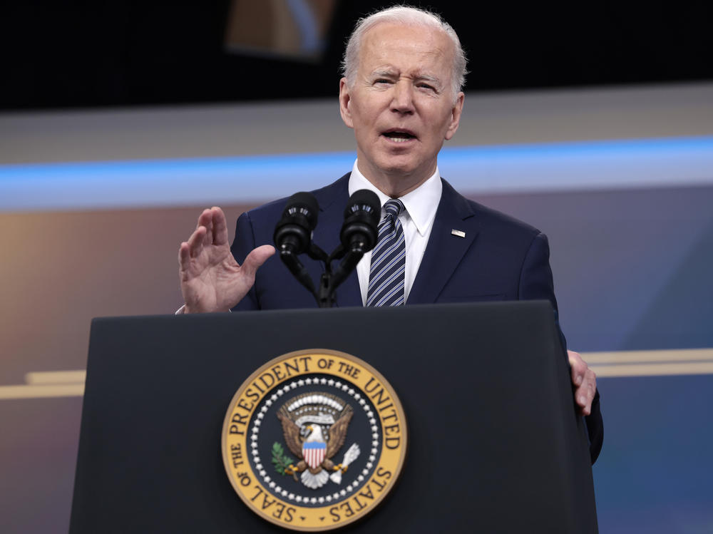 President Biden delivers remarks from the South Court Auditorium of the White House in Washington, D.C., on March 31. President Biden was announcing the release of oil from the country's emergency reserves in a bid to contain high gasoline prices.