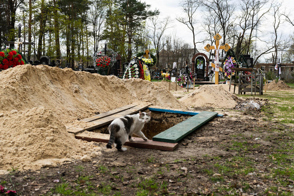 A new grave is prepared in a cemetery in Moshchun, a village on the outskirts of Kyiv.