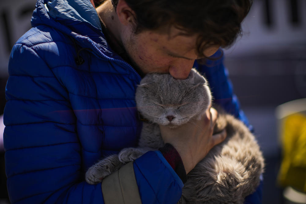 Ivan Andreiev, who fled from Mariupol with his family, kisses his cat, Leonardo, upon arrival at a reception center for displaced people in Zaporizhzhia, Ukraine, on Sunday.