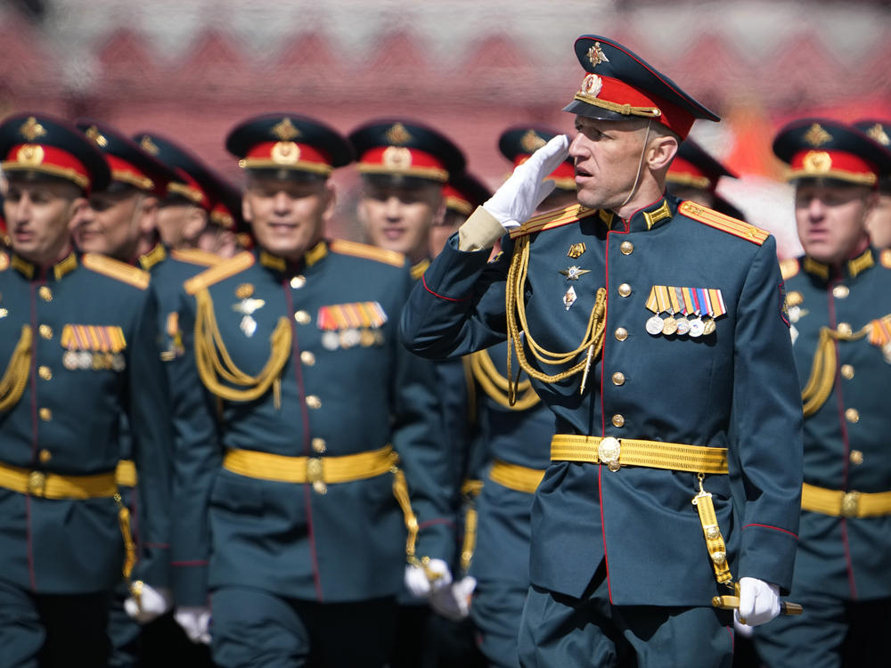 Russian servicemen march during the Victory Day military parade in Moscow, Russia, Monday marking the 77th anniversary of the end of World War II.