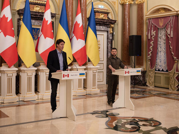 Ukrainian President Volodymyr Zelensky, right, and Canadian Prime Minister Justin Trudeau hold a joint news conference Sunday in Kyiv, Ukraine. Earlier in the day, Trudeau visited the suburb of Irpin to look at devastation left in the wake of Russia's invasion.