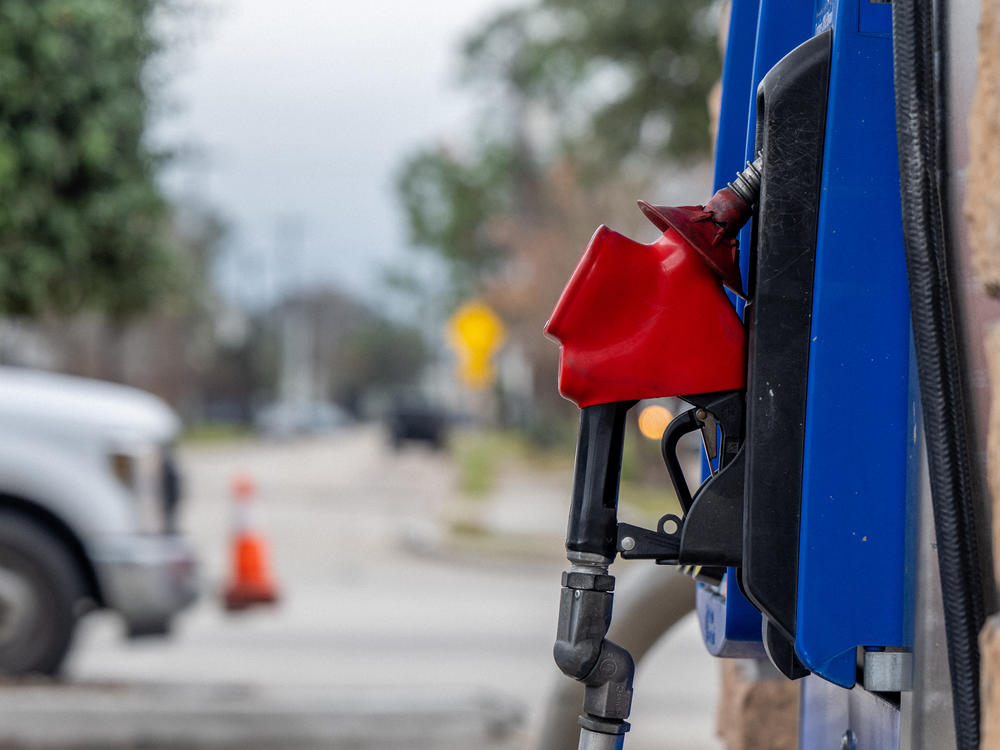A gas pump is seen in a station on Feb. 1 in Houston. Gasoline prices hit a new national record, not adjusted for inflation, surpassing the previous peak set around two months ago.