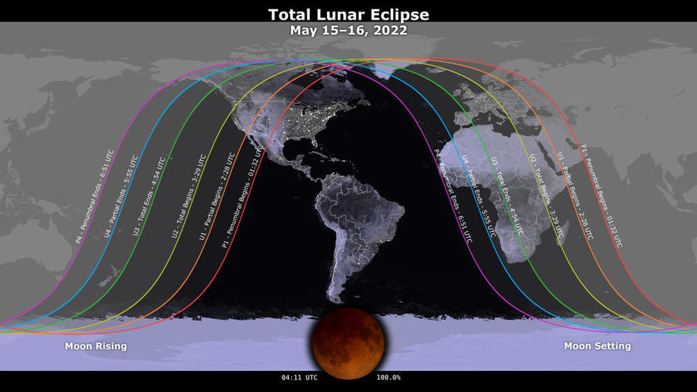 A map showing where the May 15-16, 2022 lunar eclipse is visible. Contours mark the edge of the visibility region at eclipse contact times. The map is centered on 63°52'W, the sublunar longitude at mid-eclipse.