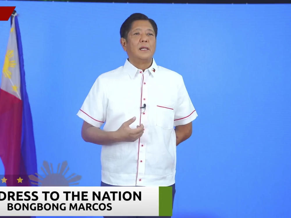 In this image from video posted on the Bongbong Marcos Facebook page, presidential candidate and former senator Ferdinand Marcos Jr. issues a statement to the media on Monday in Manila, Philippines.