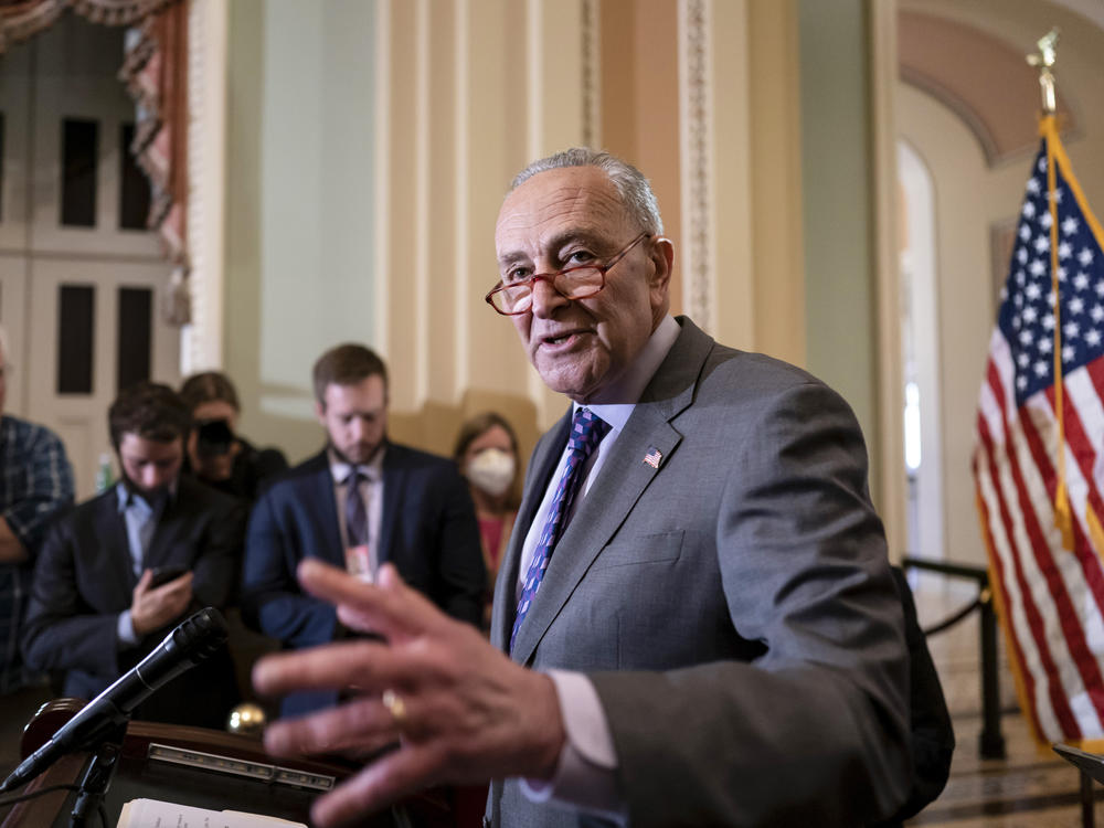 Senate Majority Leader Chuck Schumer answers questions from reporters on Capitol Hill ahead of a planned vote Wednesday on the Women's Health Protection Act.