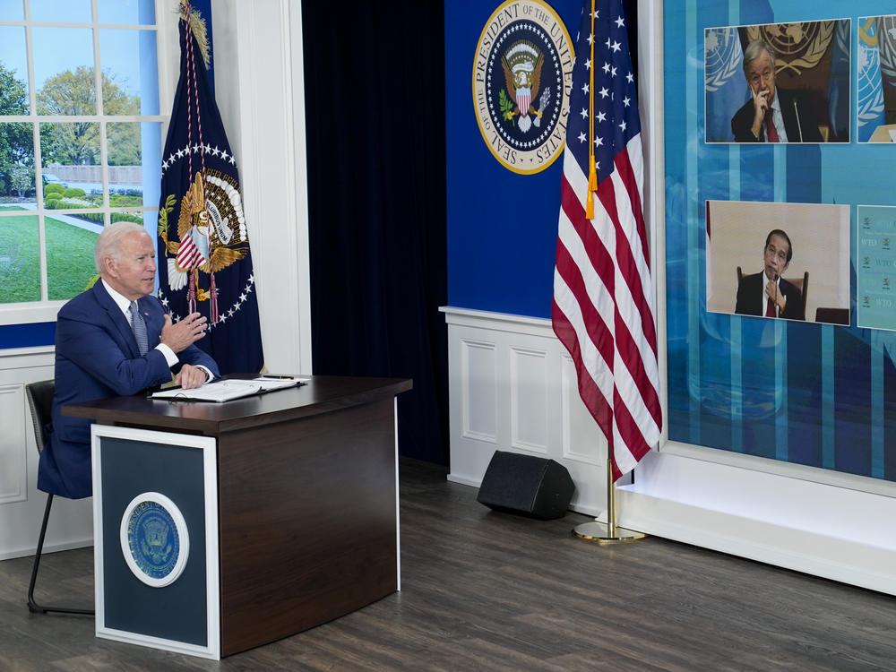 President Joe Biden speaks at the virtual Global COVID-19 Summit on Sept. 22, 2021, in Washington, D.C. On May 12, the White House will host the second Global COVID-19 Summit.