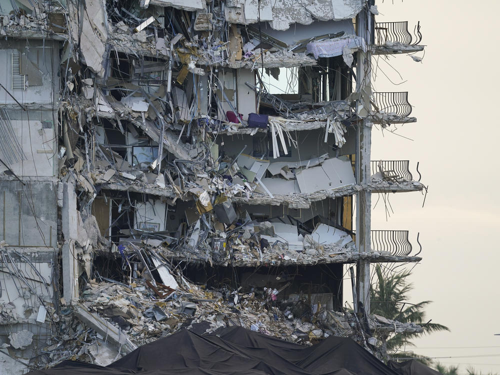 A section of rubble at the Champlain Towers South condo building on July 4, 2021 in Surfside, Fla.