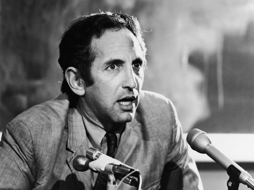 Daniel Ellsberg, pictured speaking at a news conference, leaked the Pentagon Papers to <em>The New York Times</em> and <em>The Washington Post</em>. He was eventually arrested and became the first person in the United States to be prosecuted under the Espionage Act.