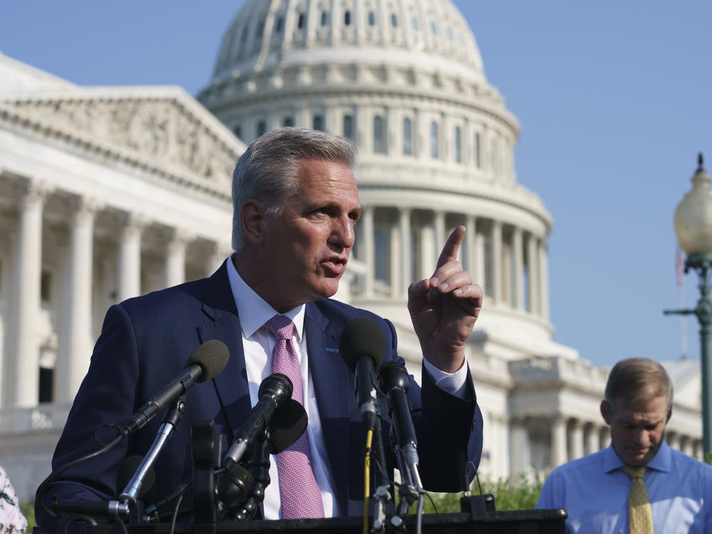 House Minority Leader Kevin McCarthy, R-Calif., joined at right by Rep. Jim Jordan, R-Ohio, on July 27, 2021. The House select committee on the Jan. 6 attack on the Capitol has issued subpoenas for both lawmakers, as well as other House Republicans.
