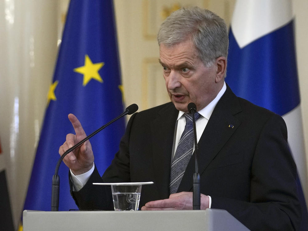 Finland's President Sauli Niinisto makes a point during a joint press conference with British Prime Minister Boris Johnson, at the Presidential Palace in Helsinki, Finland, Wednesday, May 11, 2022.