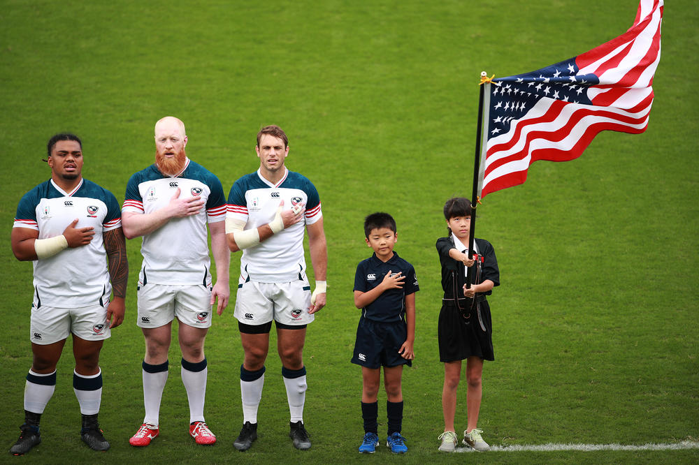The USA players line up for the national anthem prior to their 2019 Rugby World Cup match against Tonga in Higashiosaka, Japan.