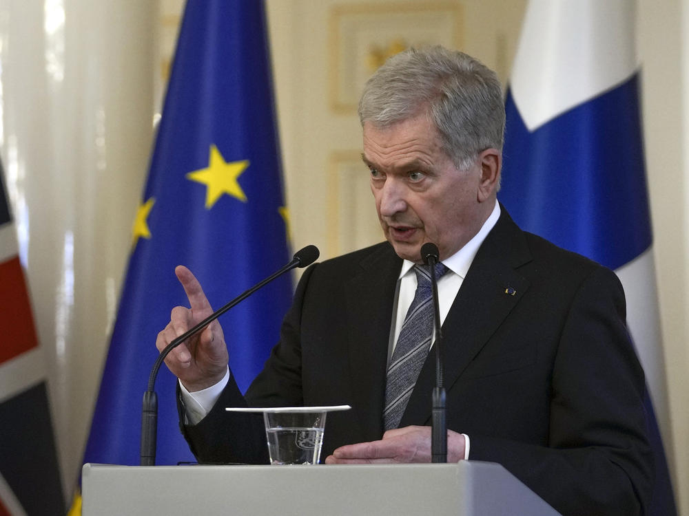 Finland's President Sauli Niinisto speaks during a press conference with British Prime Minister Boris Johnson at the Presidential Palace on Wednesday in Helsinki, Finland. Niinisto and Finland's Prime Minister Sanna Marin said Thursday in a joint statement that Finland must apply for NATO membership without delay.