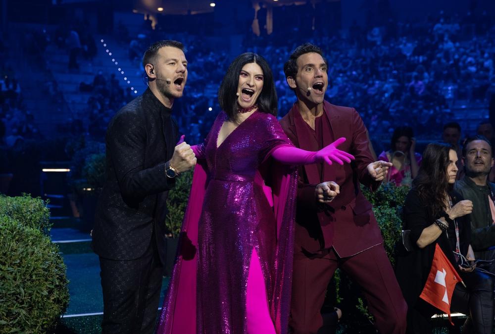 Eurovision hosts Mika, Laura Pausini and Alessandro Cattelan.