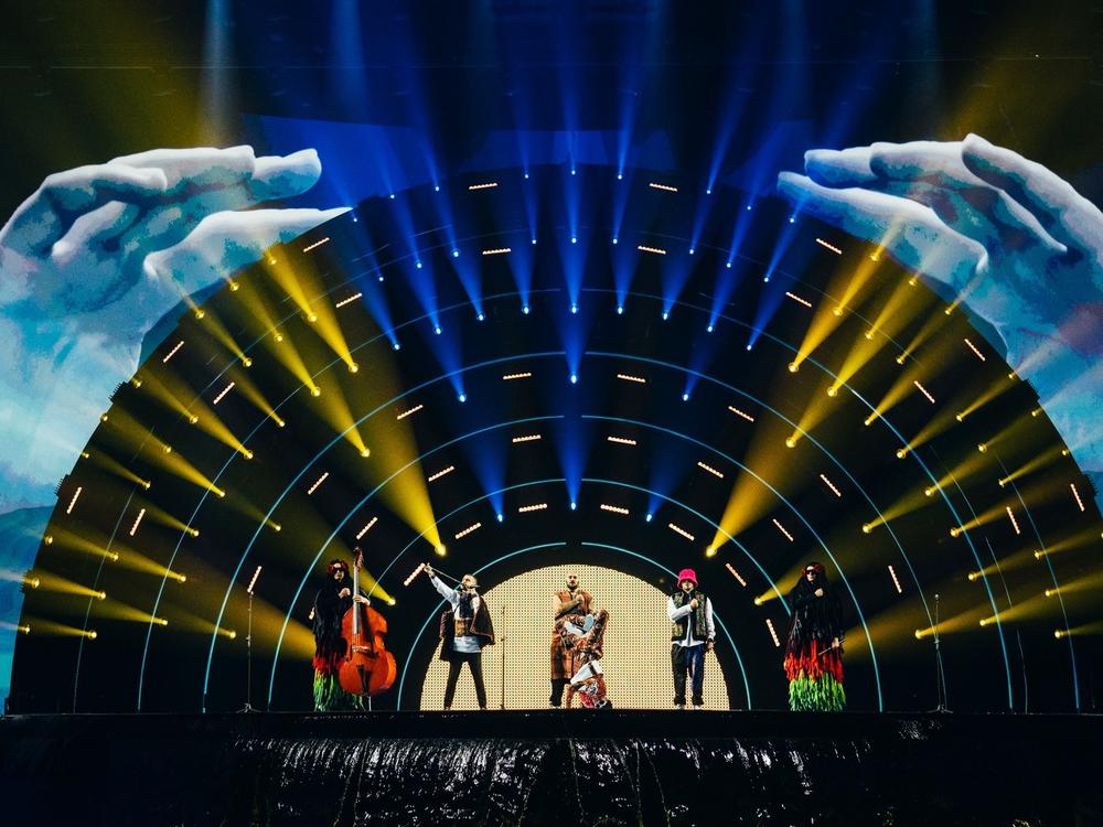 Kalush Orchestra, the Ukrainian band favored to win Eurovision, performing during the semifinals.