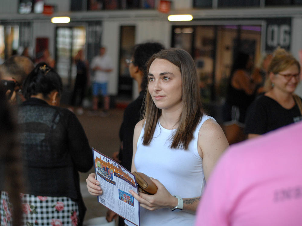 Alexandra Hunt listens to the concerns of Philadelphians during a rally in support of Philly students at the Cherry Street Pier in Pennsylvania on July 16, 2021.