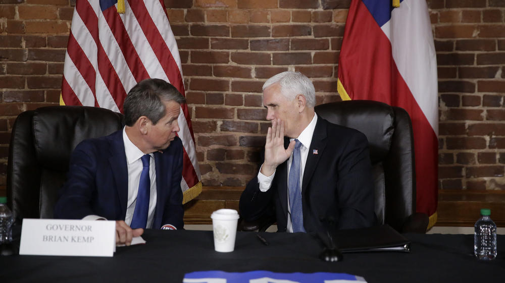 In his most significant political beak with former President Donald Trump to date, former Vice President Mike Pence will rally with Georgia Gov. Brian Kemp the day before a May 24 primary. Trump is backing Kemp's rival, former Sen. David Perdue. Pence and Kemp are shown here in 2020.