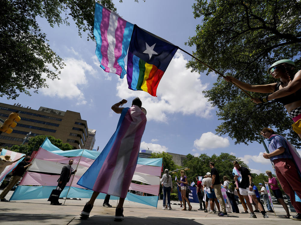 Demonstrators gather on the steps to the State Capitol to speak against transgender-related legislation bills being considered in the Texas Senate and Texas House in May 2021 in Austin, Texas.