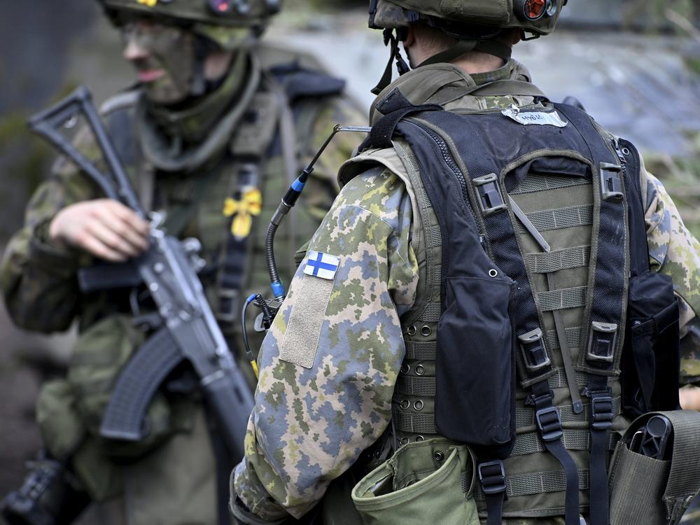 Finnish soldiers take part in an exercise at the Niinisalo garrison in Finland on May 4.