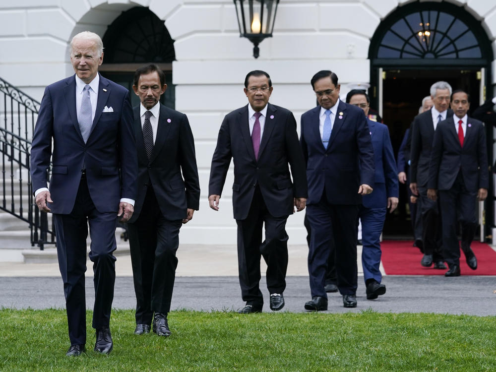 President Joe Biden and leaders from the Association of Southeast Asian Nations arrive for a group photo on the South Lawn of the White House in Washington, Thursday, May 12, 2022.