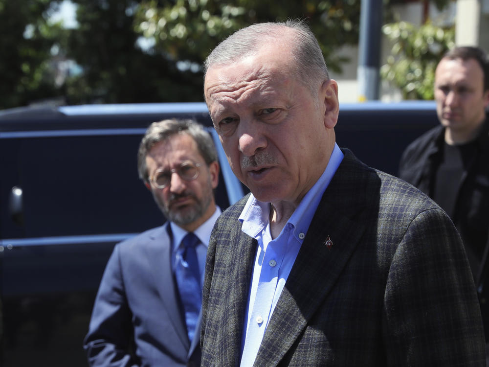 Turkish President Recep Tayyip Erdogan speaks to the media after Friday prayers in Istanbul, Turkey on Friday.