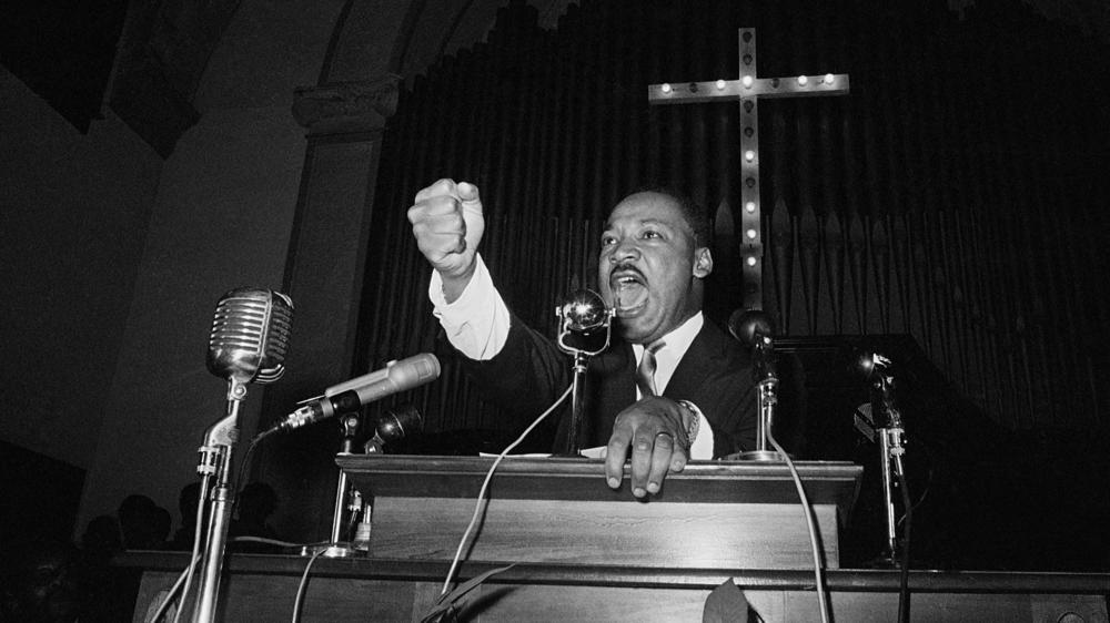 Dr. Martin Luther King, Jr., co-pastor with his father of Ebenezer Baptist Church in Atlanta, Ga., is shown as he speaks in Eutaw, Ala., on June 4, 1965.