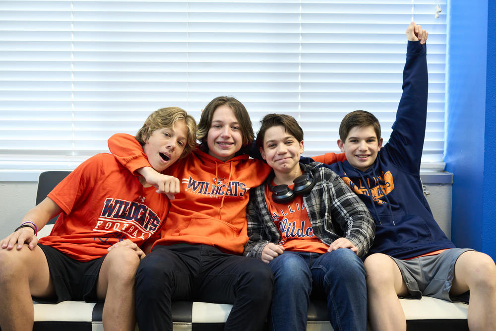 The NPR Student Podcast Challenge middle school winners Wesley Helmer, Kit Atteberry, Harrison McDonald and Blake Turkey at Williams Middle School in Rockwall, Texas.