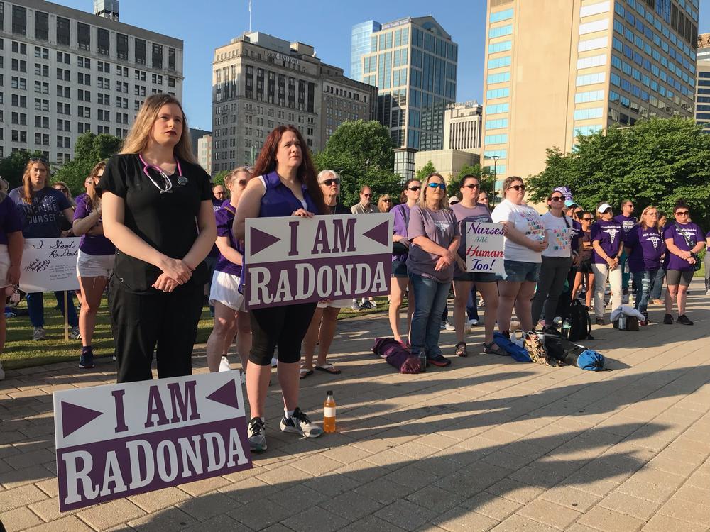 Danielle Threet, left, a nurse and friend of RaDonda Vaught, stands next to her mother, Alex Threet, at a rally in support of Vaught outside the Davidson County Courthouse in Nashville ahead of sentencing.