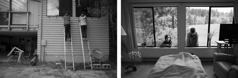 Max and Finn Griswold climb ladders to talk to their grandmother, Mary Lee Griswold, during a visit by hospice nurse Myla Becker on June 5, 2020. Griswold spent her last days in hospice on the second floor of the Enso House, a Zen retreat. Because of the pandemic, her family had to find creative ways to be with her during her final hours.