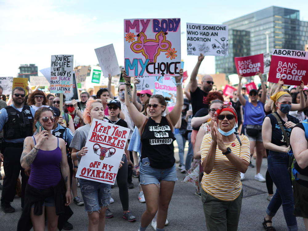 Abortion rights supporters march into downtown following a rally in Union Park on Saturday in Chicago.