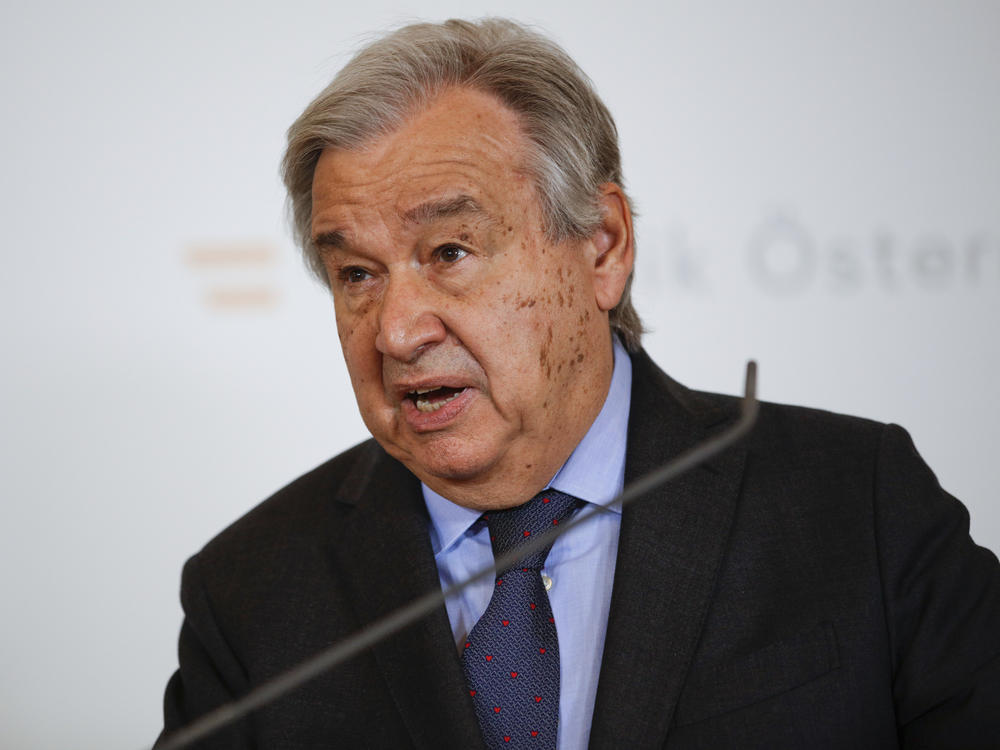 Antonio Guterres, the secretary-general of the United Nations, addresses the media during a press conference at the Federal Chancellery, Vienna, Austria, Wednesday, May 11, 2022.