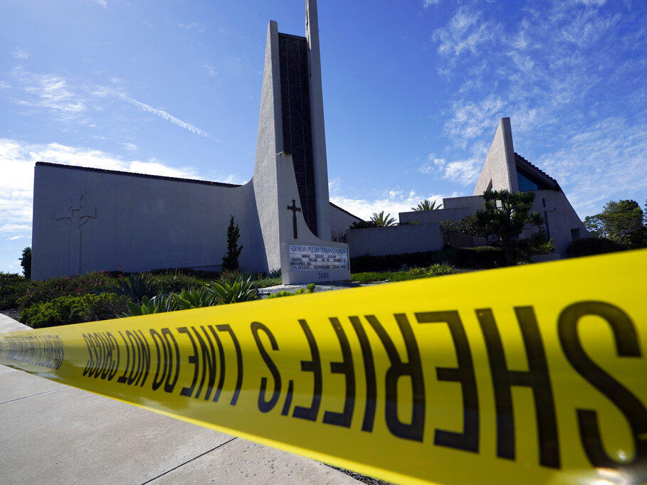 Crime scene tape on Sunday at Geneva Presbyterian Church in Laguna Woods, Calif., after a fatal shooting.