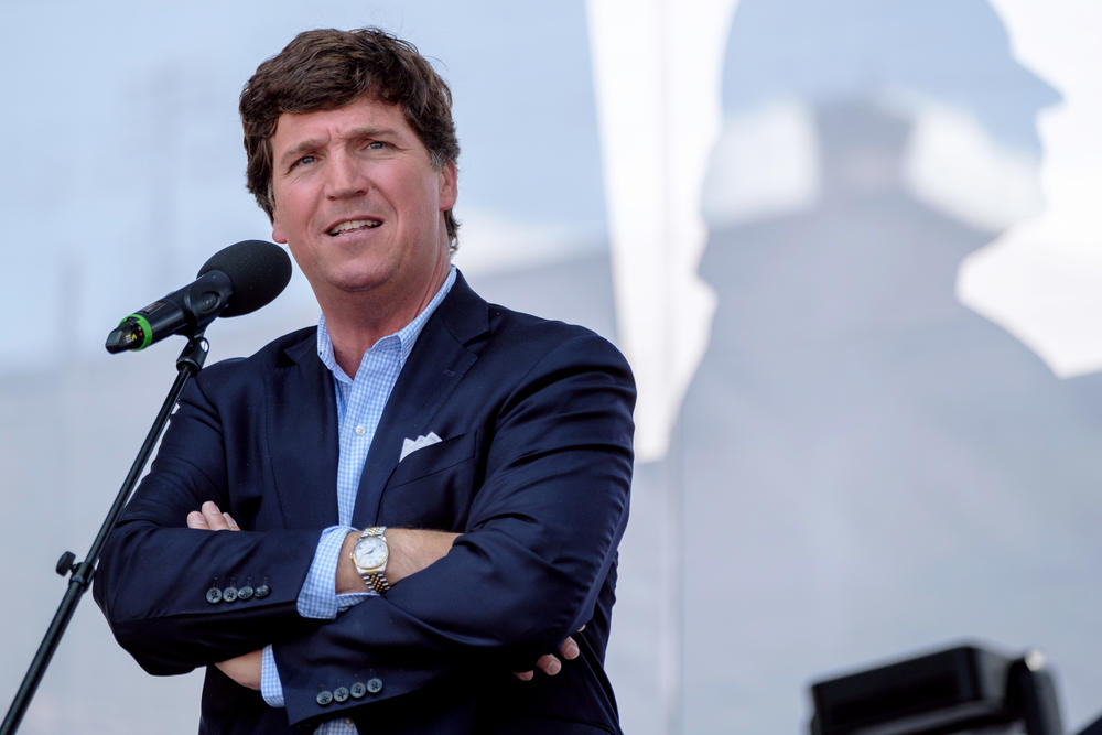Tucker Carlson speaks at a convention in Esztergom, Hungary on August 7, 2021.