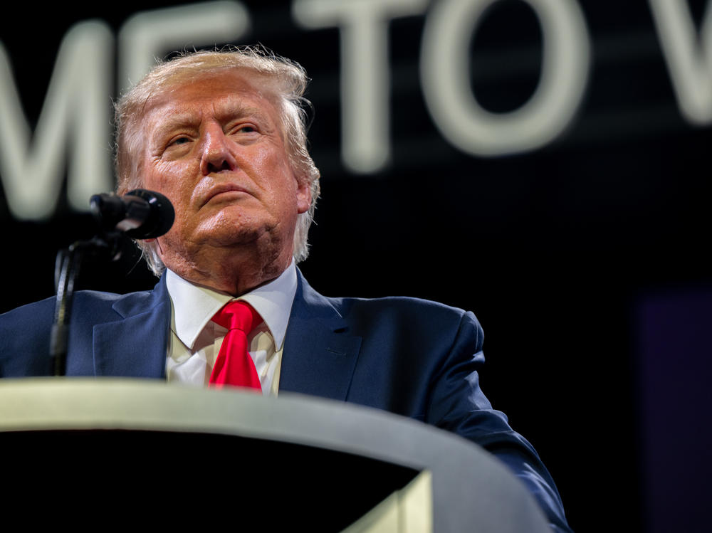 Former President Donald Trump speaks during the American Freedom Tour on Saturday in Austin, Texas.