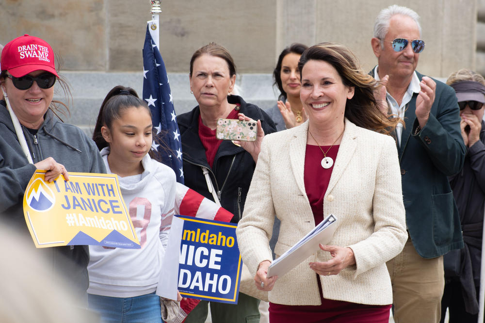 Republican Lt. Gov. Janice McGeachin, right, shortly before greeting a crowd on the steps of the Idaho Capitol in Boise on May 19, 2021 as she announces her bid for the governor race in 2022.
