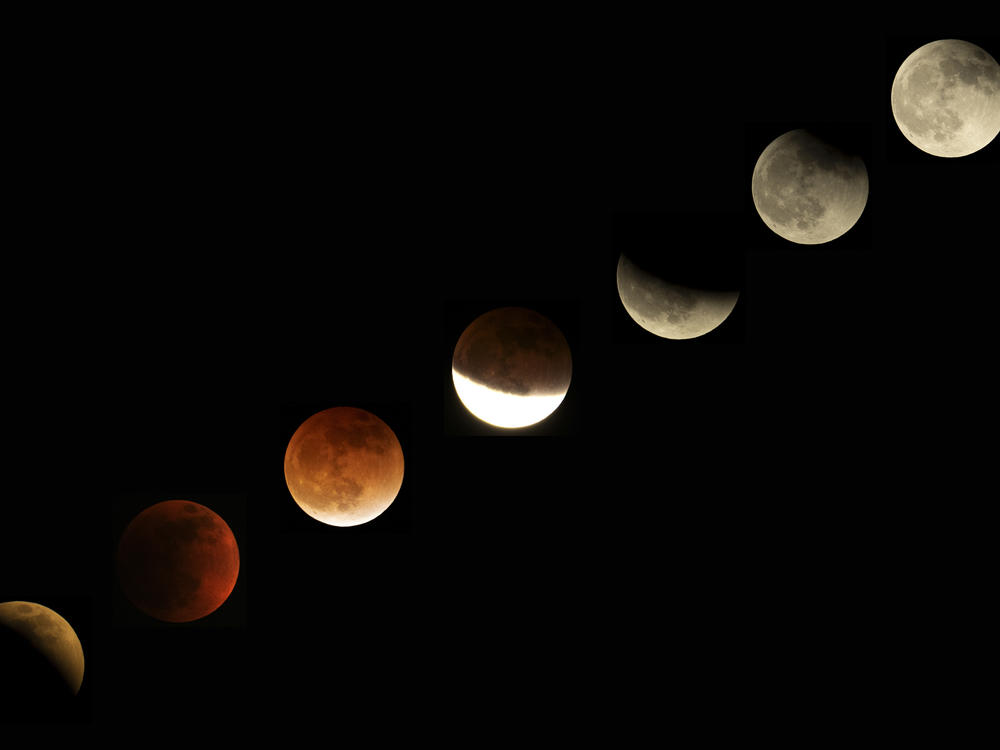 This combination of photos shows the moon in various stages of the total lunar eclipse during the first blood moon of the year, in Temple City, Calif., on May 15, 2022.