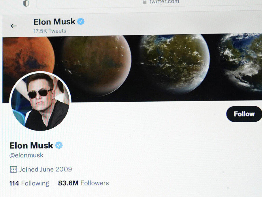 Part of the Twitter page of Elon Musk is seen on the screen of a computer in Sausalito, Calif., in April.