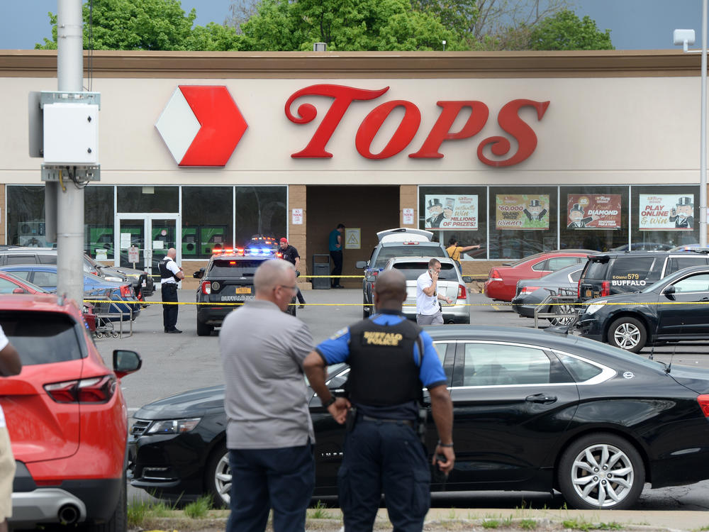 Buffalo Police on scene at a Tops Friendly Market on May 14, 2022 in Buffalo, New York. According to reports, at least 10 people were killed after a mass shooting at the store with the shooter in police custody.