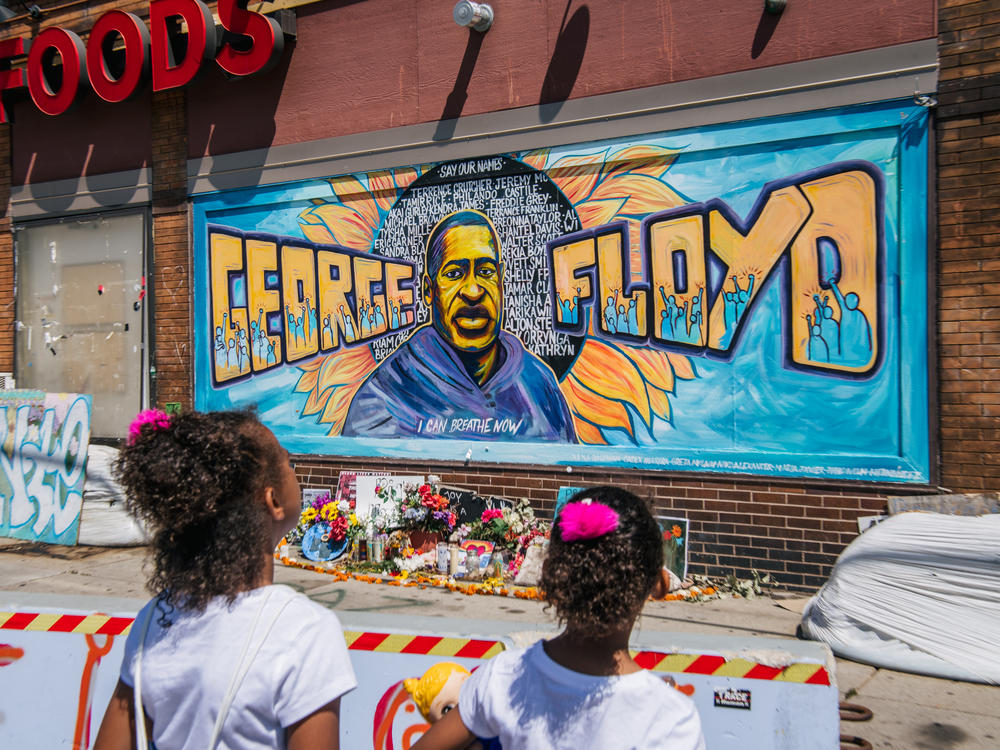 A mural of George Floyd at the intersection where he was murdered in Minneapolis, Minn.