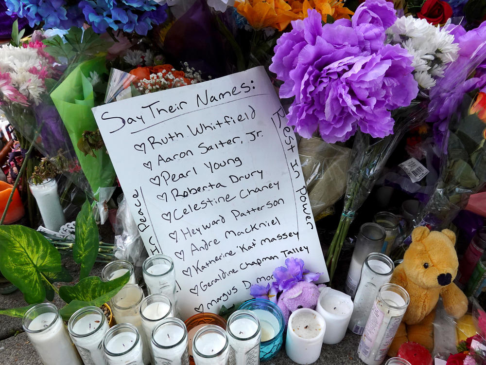 The names of the 10 people killed in Saturday's shooting at Tops market are part of a makeshift memorial across the street from the store on Tuesday in Buffalo.