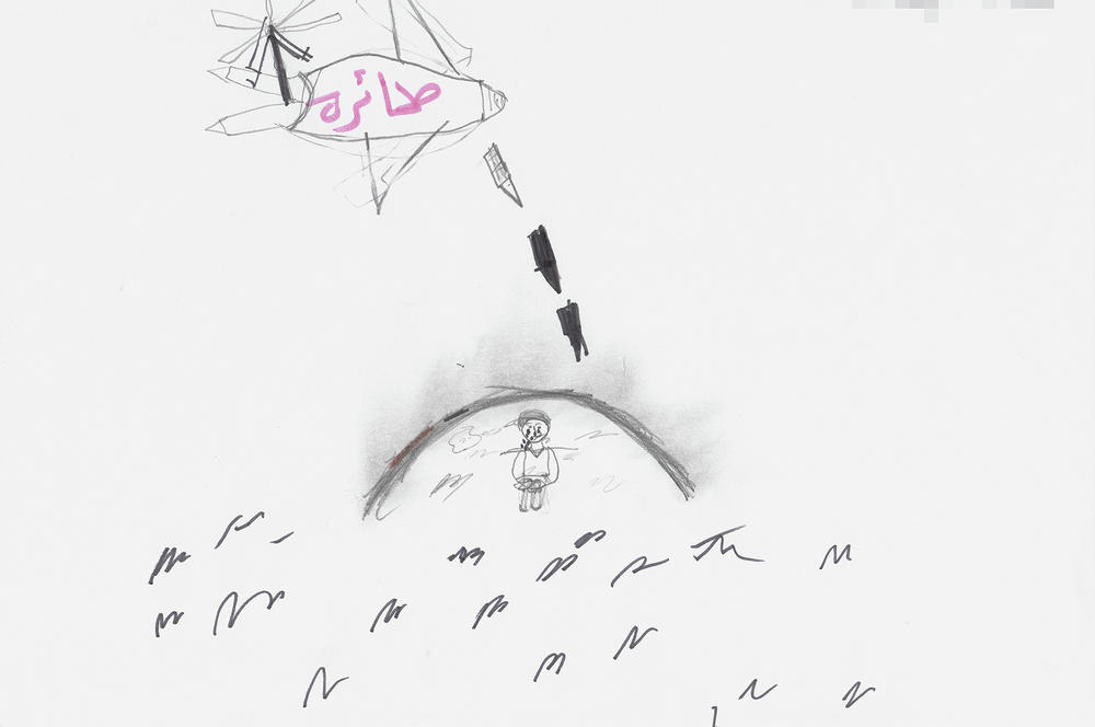 Through her drawing, a young Syrian refugee girl revealed her feelings of intense isolation and guilt over surviving a missile strike that had killed all of her close family. She shared her feelings in a 2016 group-based intervention at a Kayany Foundation school near the Lebanon-Syria border. The girl's name has been pixelated on the top right of her drawing to preserve anonymity.