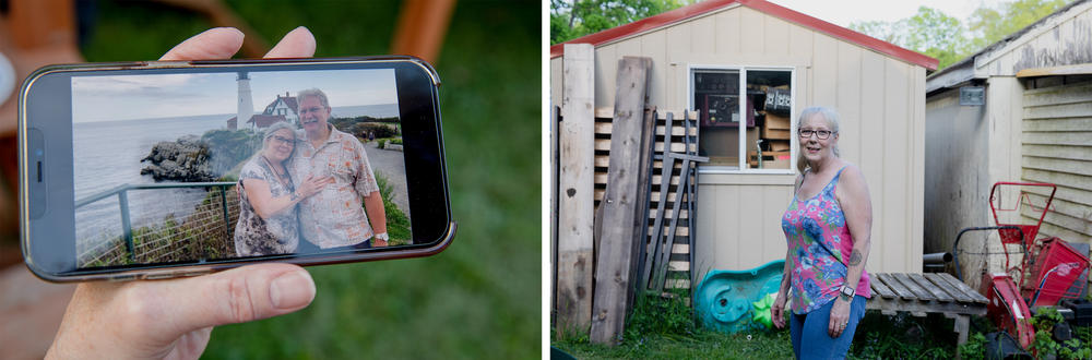 Left: Linda Munson shows a picture of herself from about a year ago. Right: Munson has lost nearly 50 pounds with a combination of healthy diet, walking and the Supernatural virtual reality app.