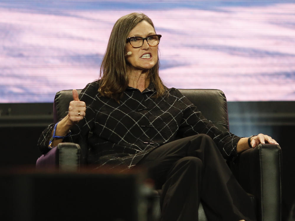 Cathie Wood gestures as she speaks during the Bitcoin 2022 Conference at Miami Beach Convention Center in Miami on April 7. Wood set out on her own in 2014 after growing frustrated with how Wall Street invested money.