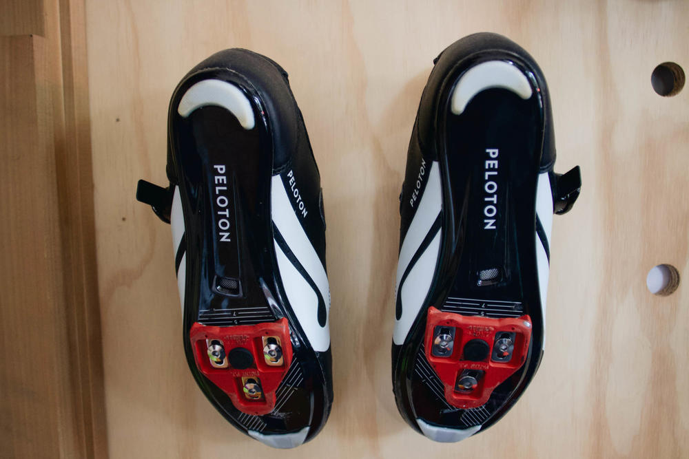 Jessica Davis's shoes are made to wear on the Peloton bike.