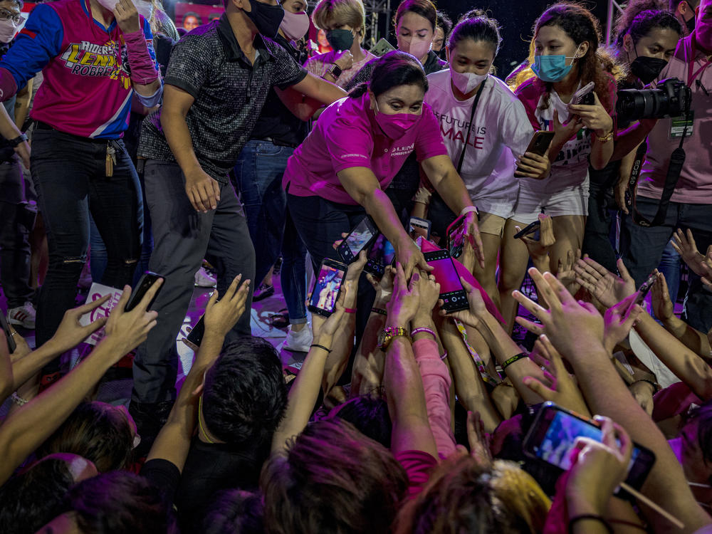 Vice President Leni Robredo takes part in a rally as she campaigns for the presidency on March 20, 2022 in Pasig, Metro Manila, Philippines.