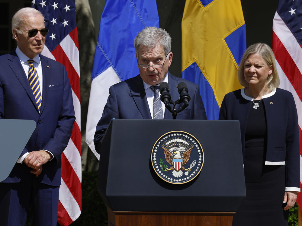 President Biden, Finland's President Sauli Niinisto and Sweden's Prime Minister Magdalena Andersson deliver remarks in the Rose Garden at the White House on Thursday.