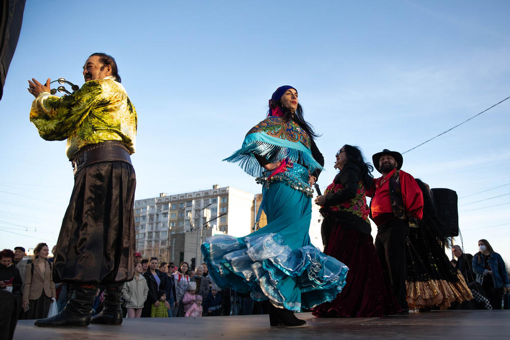 Dancers perform at an event for International Romani Day in Chisinau, Moldova, on April 8.