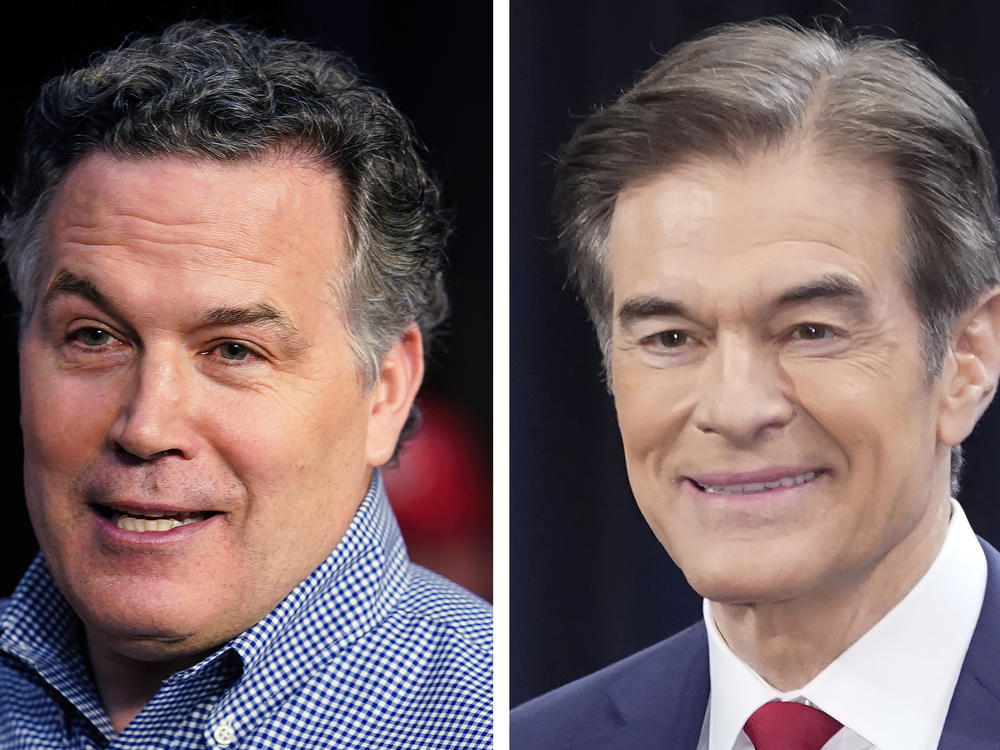 Pennsylvania Republican Senate candidates David McCormick, left, and Mehmet Oz are seen during campaign appearances in May 2022 in Pennsylvania.
