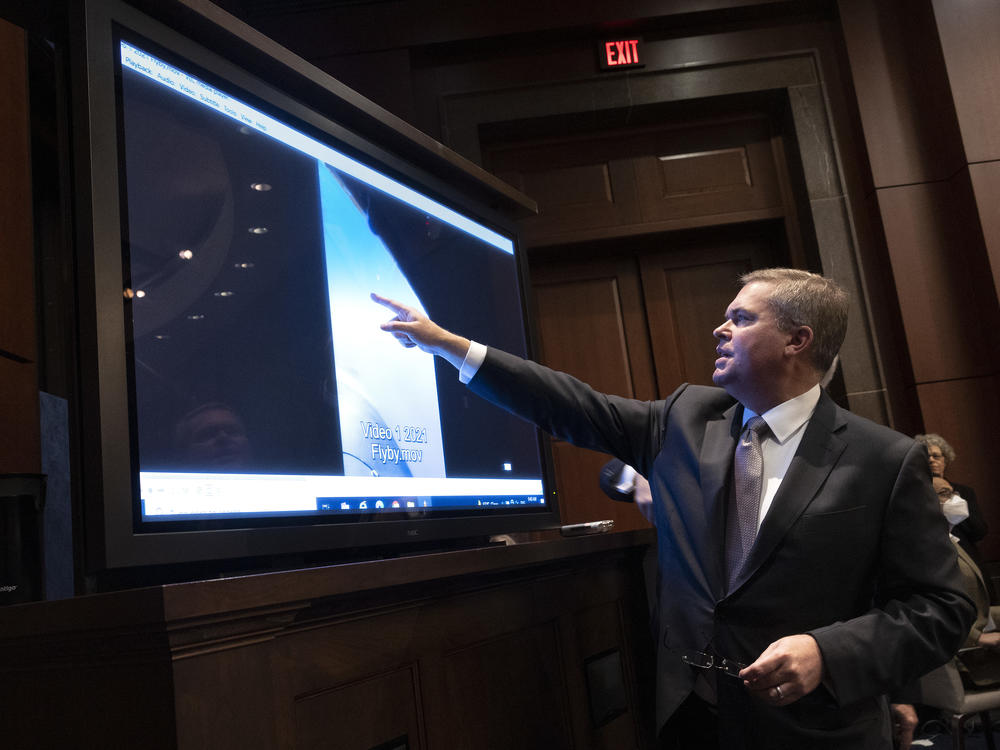 U.S. Deputy Director of Naval Intelligence Scott Bray explains a video of an unidentified aerial phenomena, as he testifies before a House Intelligence Committee subcommittee hearing at the U.S. Capitol on May 17, 2022 in Washington, DC.