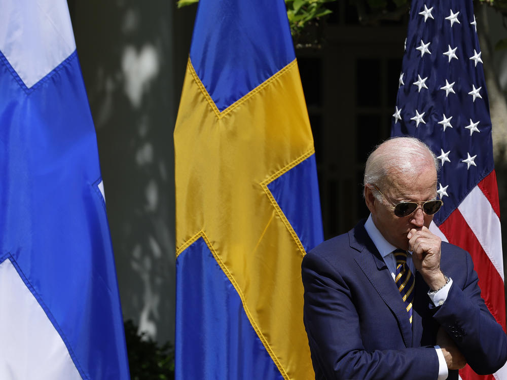 Joe Biden listens to remarks by Finland's President Sauli Niinisto and Sweden's Prime Minister Magdalena Andersson at the White House this week.